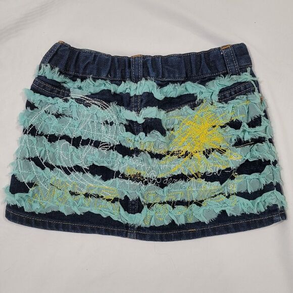 Nolita Size 4 Girls Mini Denim Skirt with Aqua Ruffle And Stitched Graphic - Picture 2 of 6